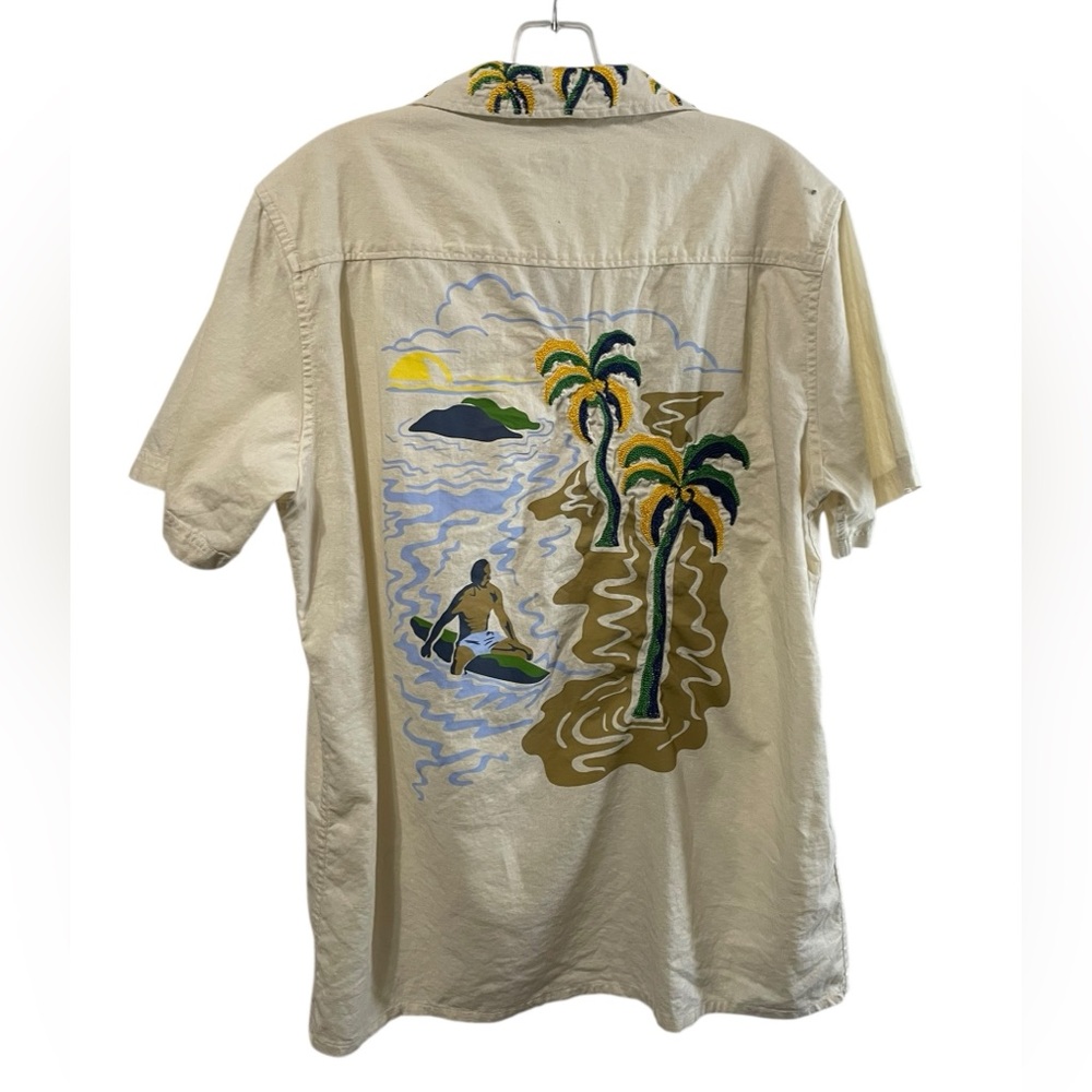 Born Fly Mens Short Sleeve Hawaiian Shirt linen cotton Sz M Palm Embroidered